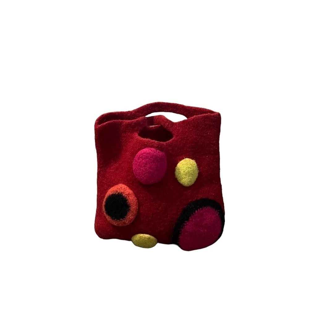 Colorful Circles Hand Felted Wool Handbag Knit-Crochet, In Raspberry